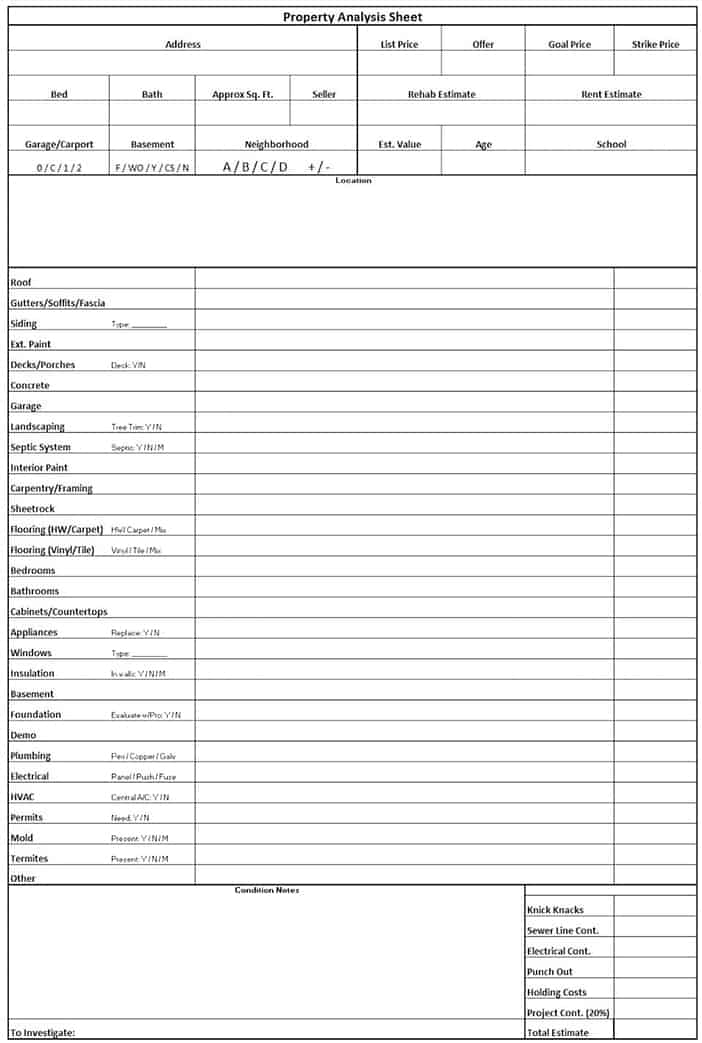 performing due diligence using property analysis spreadsheet 
