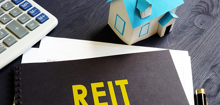 binder labeled REIT, calculator, house figurine on desktop