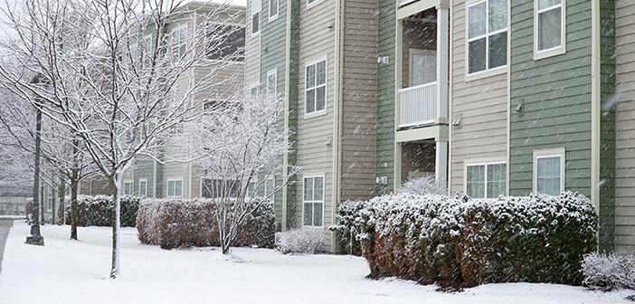 apartment community outdoor in winter after snow